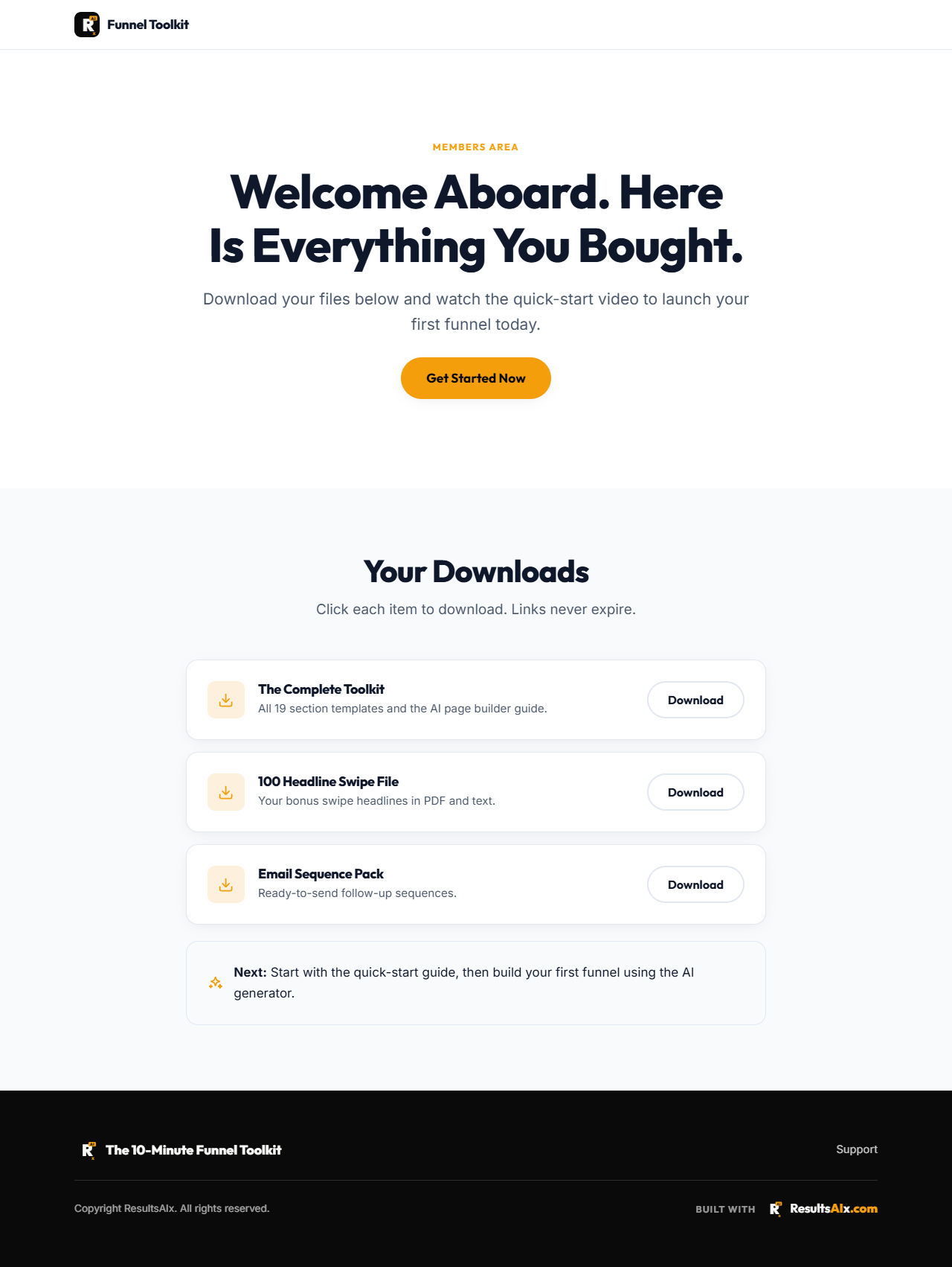 A download page generated by Results AI Funnels