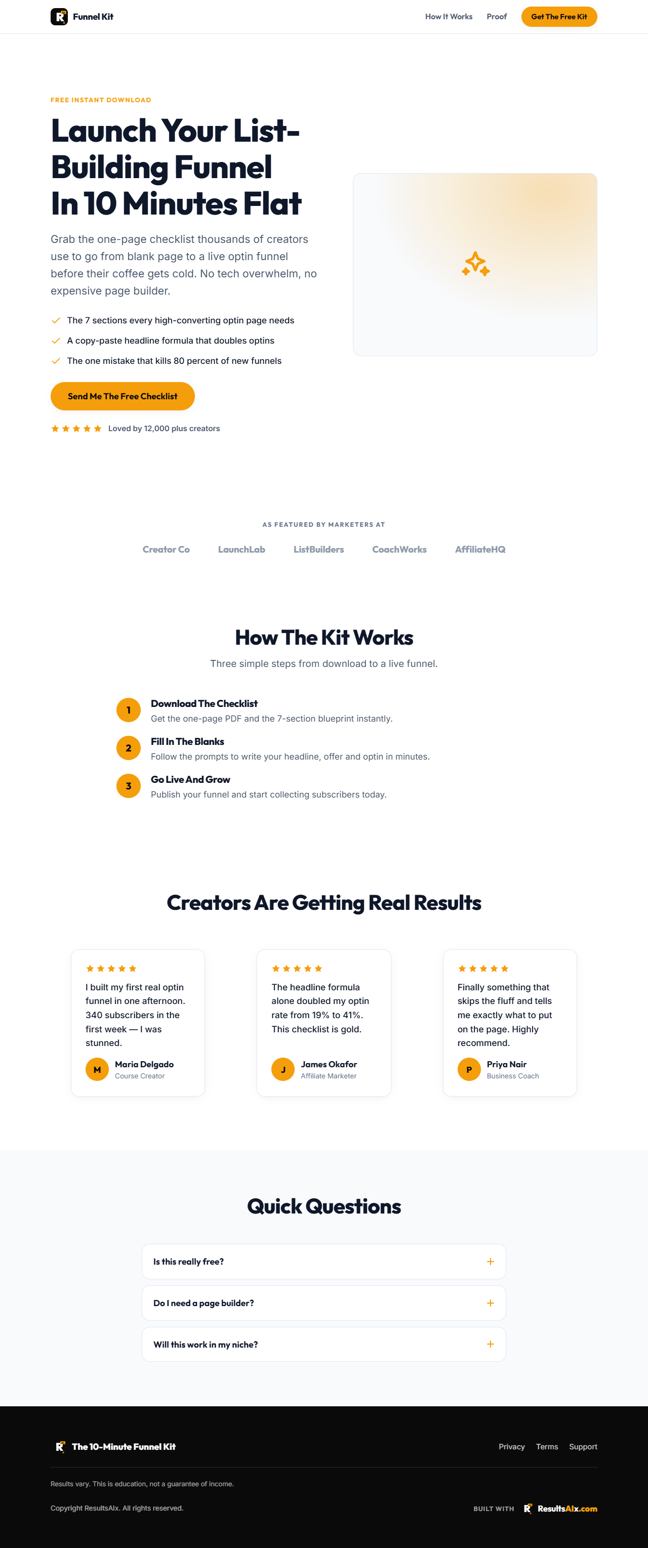 An optin page generated by Results AI Funnels