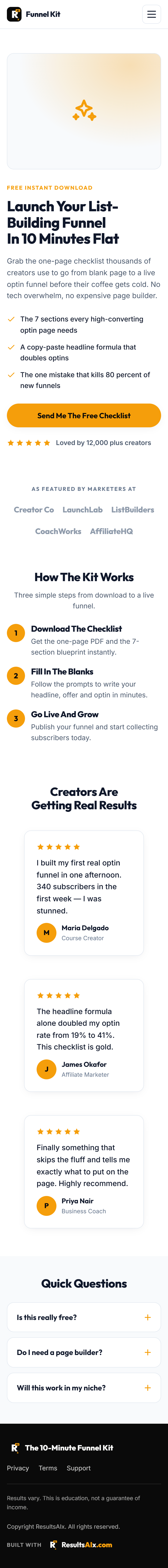 The same optin page on a phone, perfectly responsive