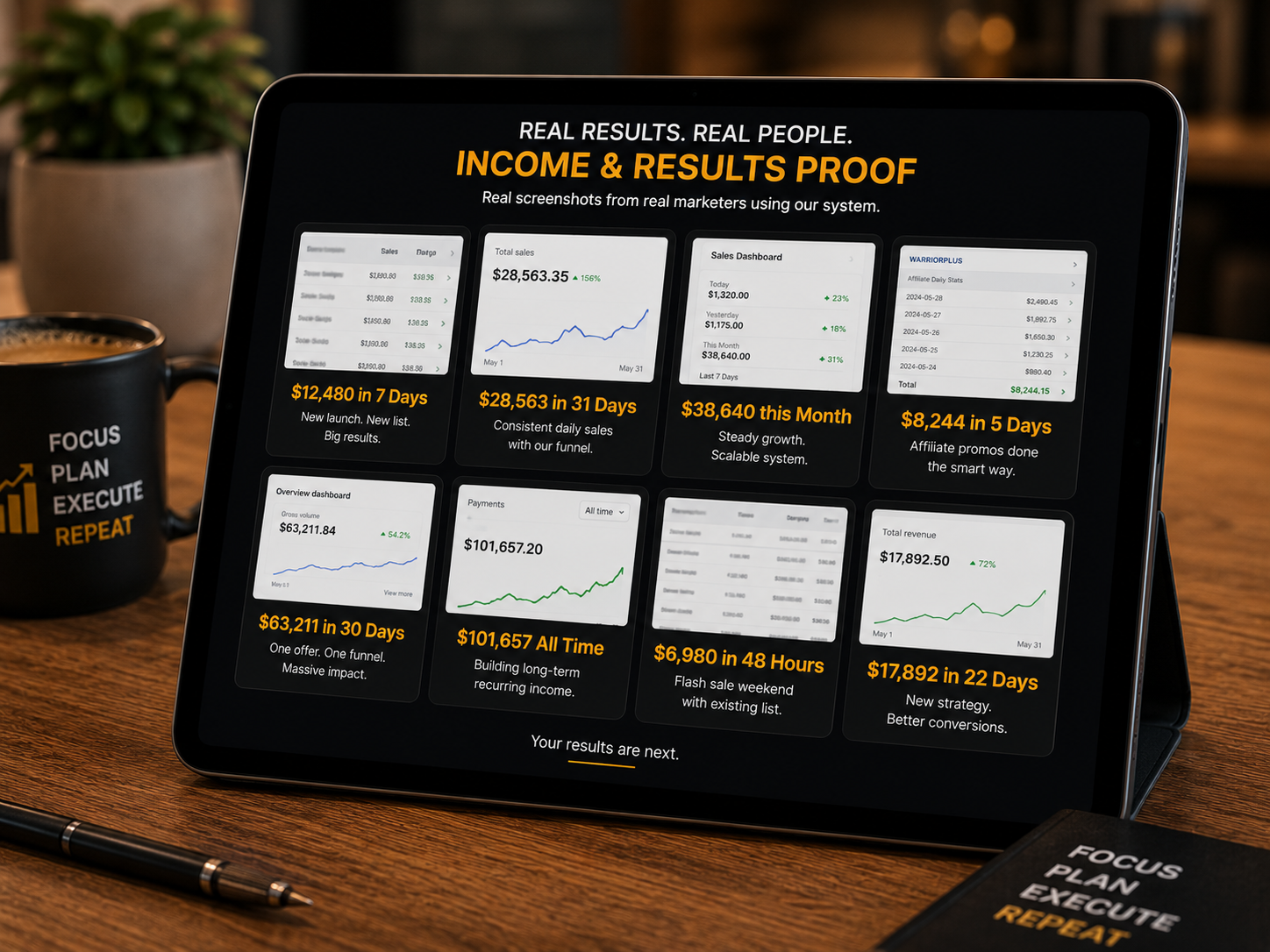 A gallery of income and results screenshots with bold headline captions