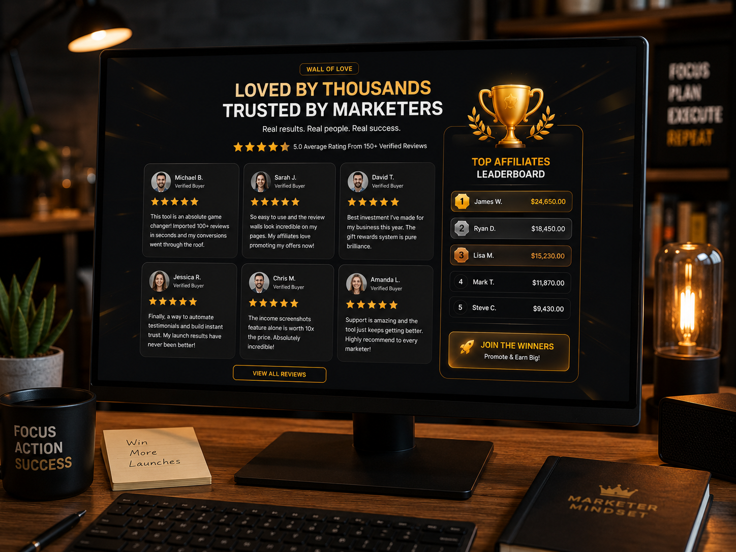 A Wall of Love full of review cards and a leaderboard trophy on a marketer's monitor