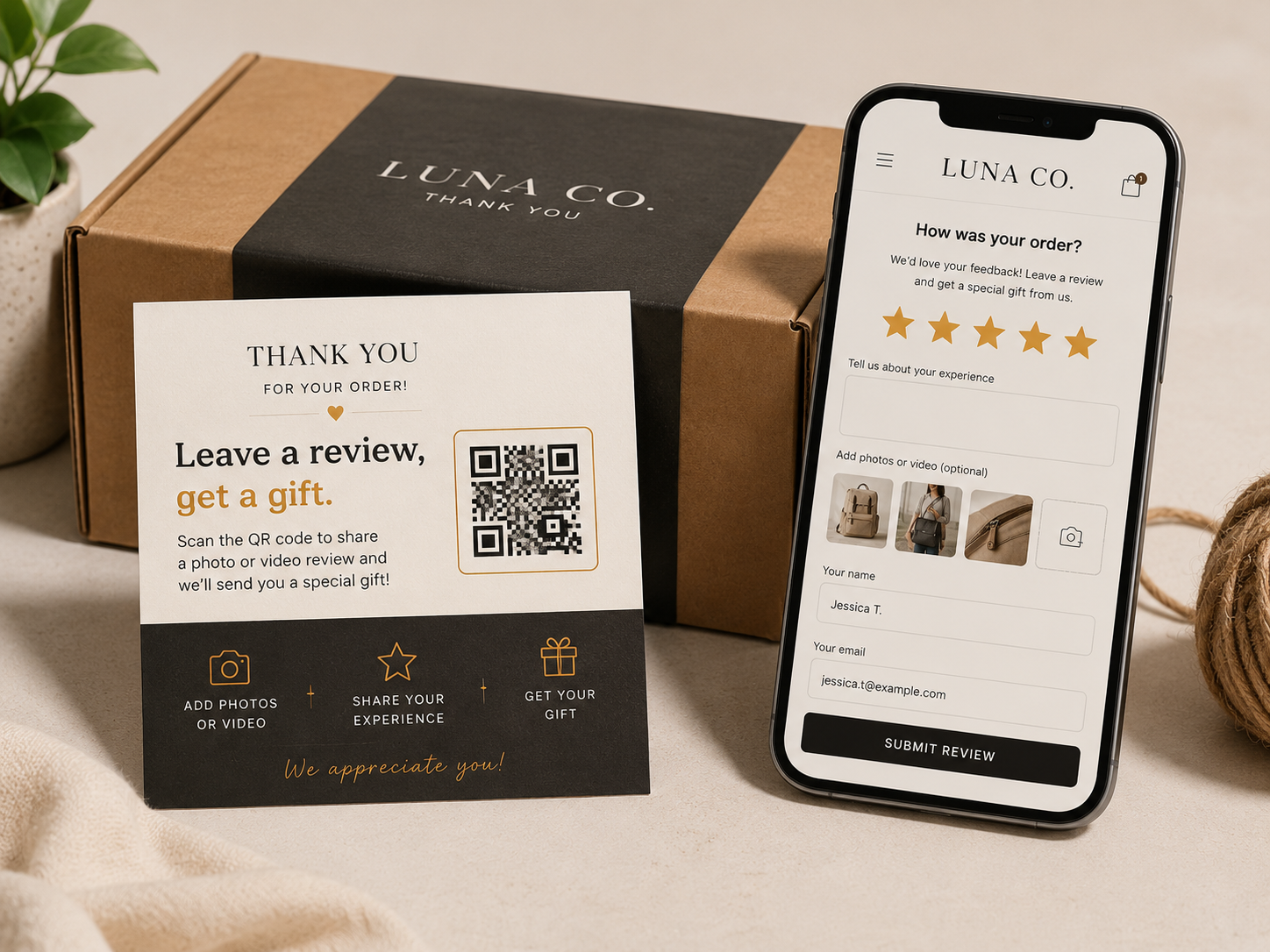 A package with a thank-you card and QR code inviting a review, beside a phone with the review form