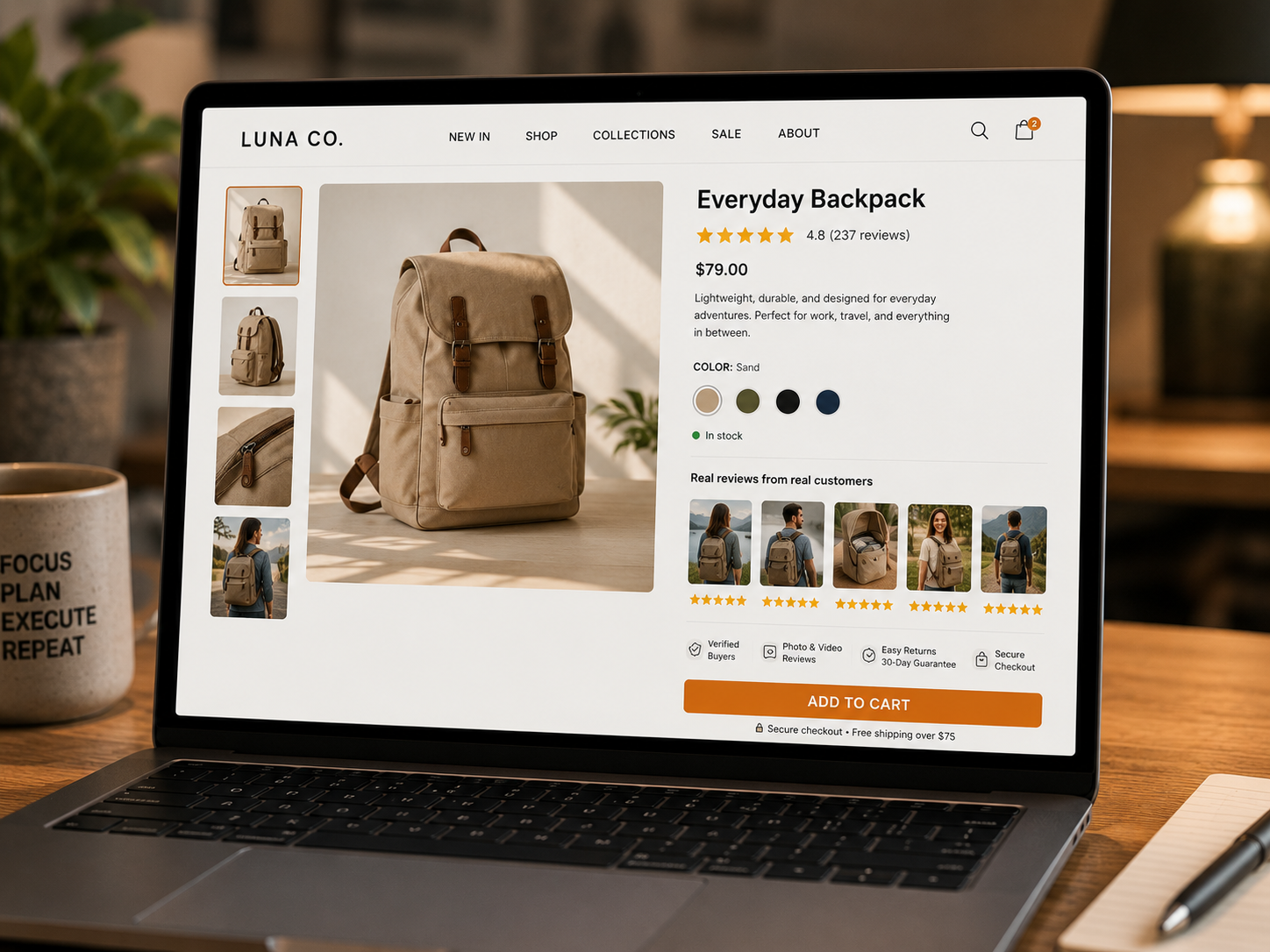 A product page showing star ratings and customer photo reviews beside the add-to-cart button