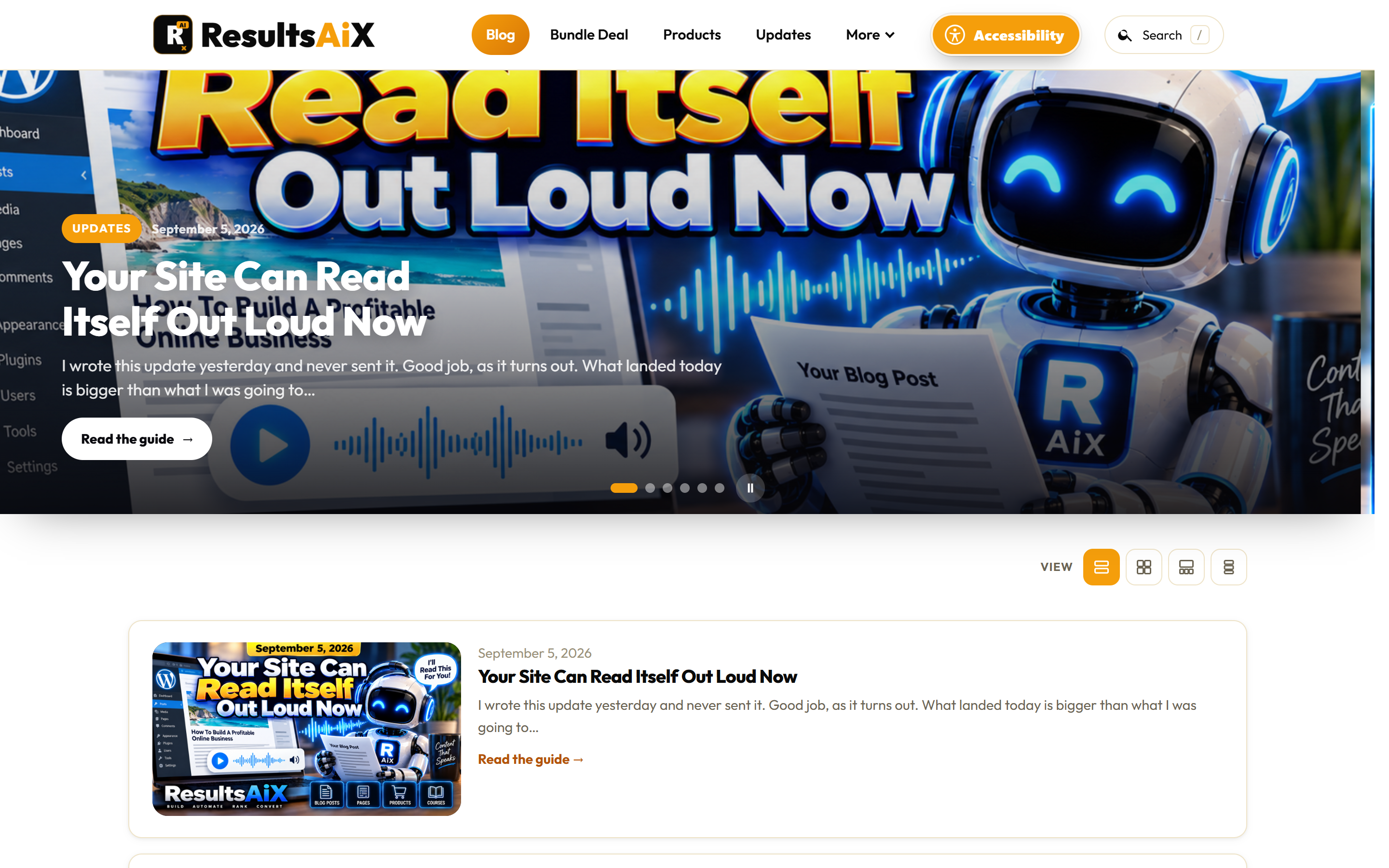 The ResultsAiX Theme running on resultsaix.com/blog: a full-width sliding banner with the post title over it, the theme's own navigation, and the reader's choice of four blog layouts.