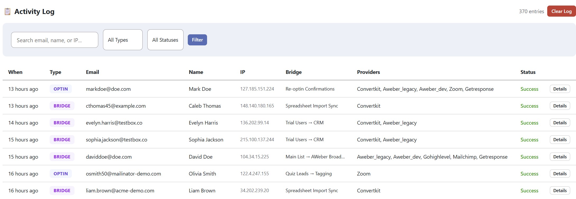 WP Sync activity log table with searchable rows showing time, type, email, IP, bridge, providers and status