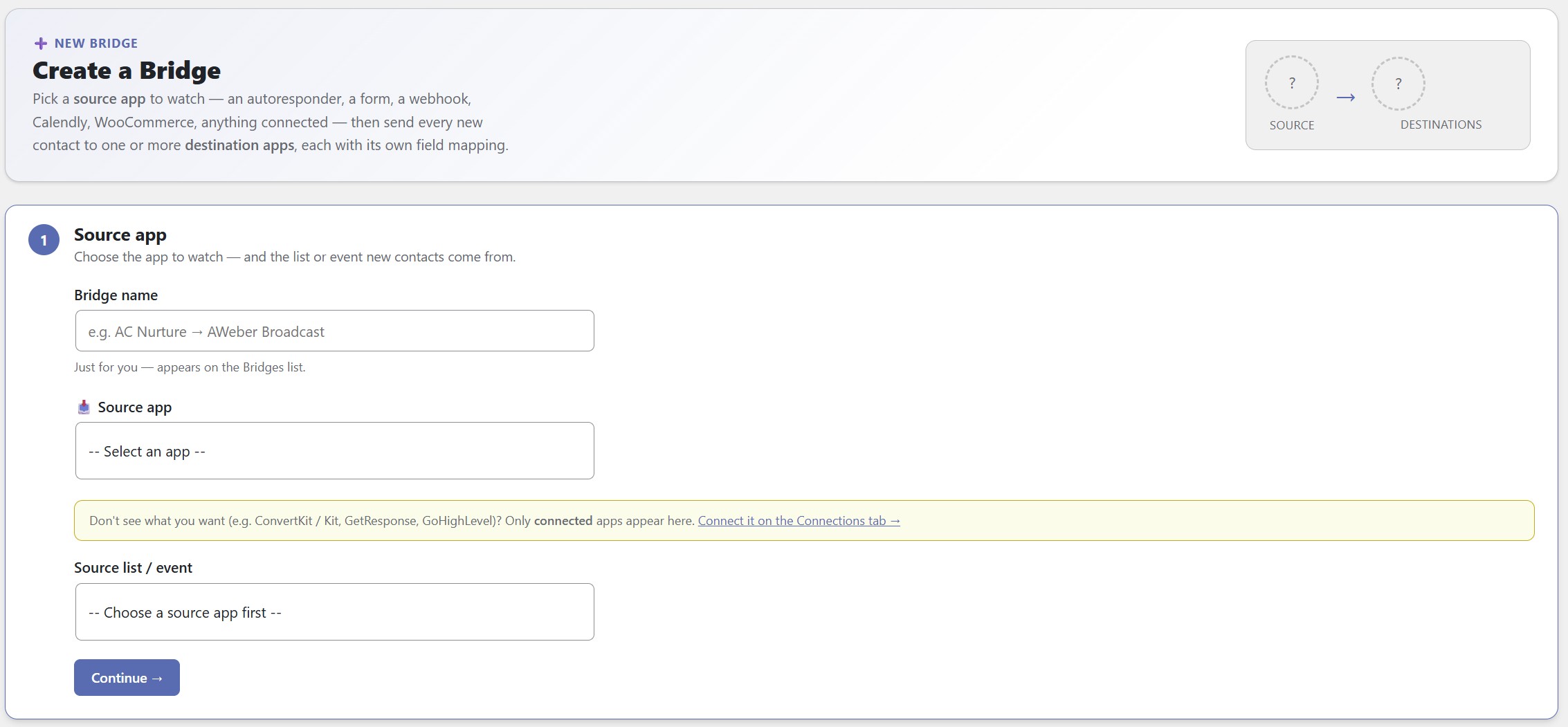 WP Sync bridge builder step one: choose the source app and the list or event to watch